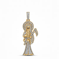 1-3/4CTW natural diamond Santa Muerte charm in 10K yellow gold, featuring a robed skeleton with scythe and halo motif—an exquisite men's pendant shown against a plain white background.
