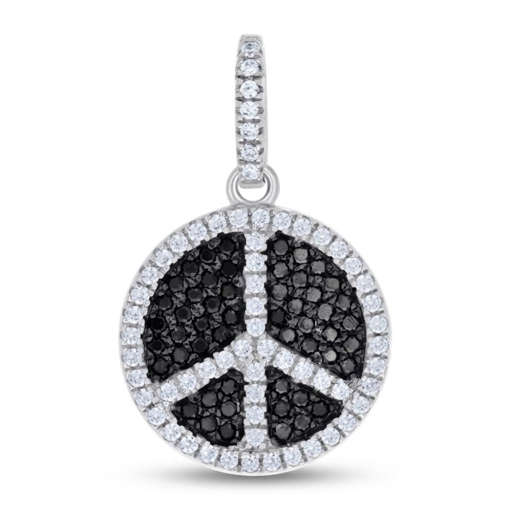 The Sterling Silver Black-White Cubic-Zirconia Peace Pendant features a circular peace symbol with black stones and clear cubic-zirconia accents, including on the attached loop, all set in elegant 925 sterling silver.