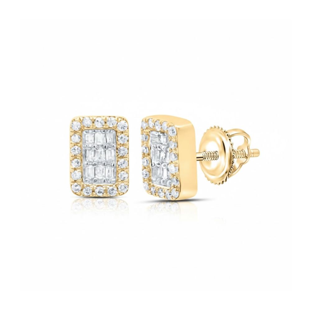 These 1/5 CTW Natural Diamond Emerald Baguette Earrings in 10k yellow gold feature a rectangular design with a central cluster of square-cut stones, bordered by round accents and secured with screw-back closures—ideal for fans of diamond baguette styles.