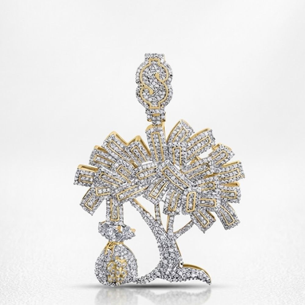 The 10K Gold Diamond Money Tree Charm Pendant 2.75 CTW features shimmering branches, a dollar sign at the top, and a money bag detail, making this hip hop jewelry piece a standout accessory against any background.