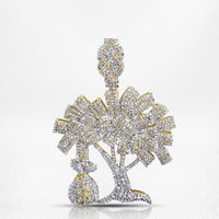 The 10K Gold Diamond Money Tree Charm Pendant 2.75 CTW features shimmering branches, a dollar sign at the top, and a money bag detail, making this hip hop jewelry piece a standout accessory against any background.