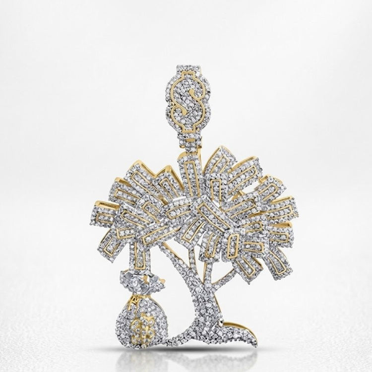 The 10K Gold Diamond Money Tree Charm Pendant 2.75 CTW features shimmering branches, a dollar sign at the top, and a money bag detail, making this hip hop jewelry piece a standout accessory against any background.