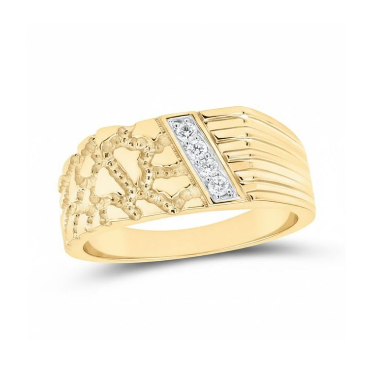 The 1/10CTW Diamond Nugget Men’s Ring in 10k gold features a textured lattice on one side, diagonal lines on the other, and a central triangular section set with three natural diamonds.