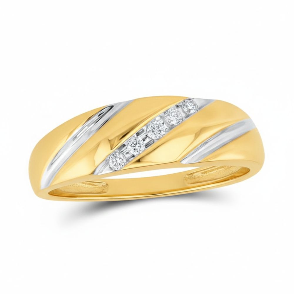 The 10k Yellow Gold Diamond Wedding Band – 1/10 Cttw features diagonal silver accents and five round diamonds in a row, beautifully shown against a white background.