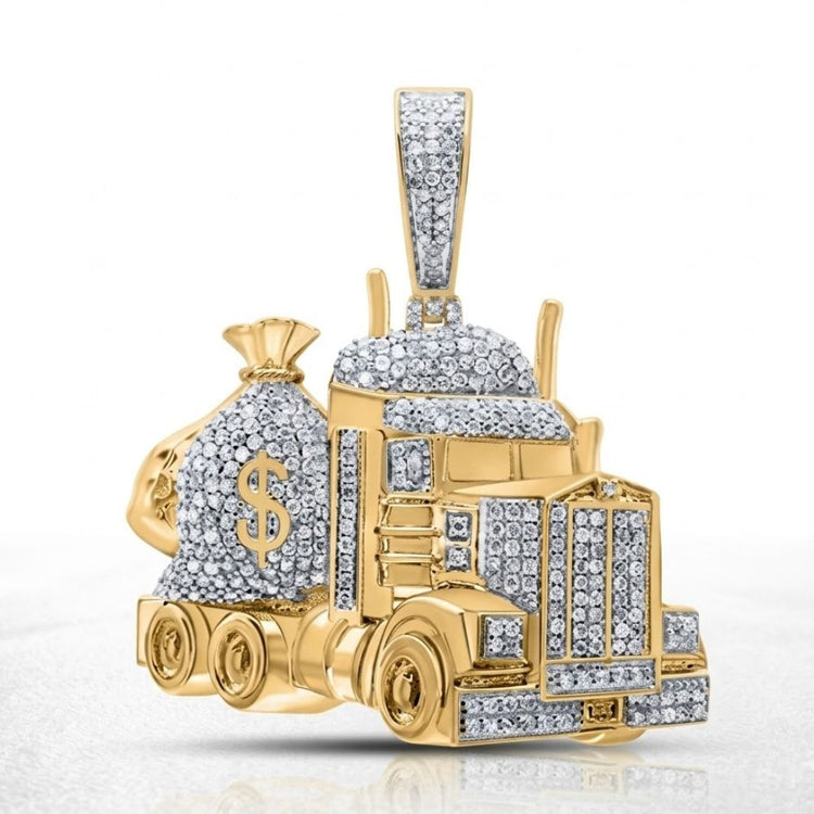 The Sterling Silver Diamond Money Bag Truck Charm 1CTW features a semi-truck shape carrying a sparkling diamond money bag with a dollar sign, making it a bold men's jewelry piece shown on a white background.