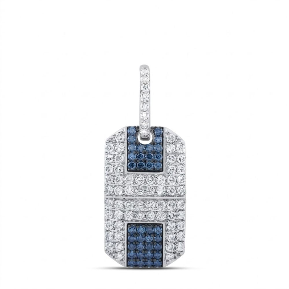 1-5/8CTW Diamond Dog Tag Men's Charm in 10K Gold, featuring a rectangular design with small white stones and blue stone accents, and a top loop for attaching to a chain.