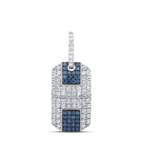 1-5/8CTW Diamond Dog Tag Men's Charm in 10K Gold, featuring a rectangular design with small white stones and blue stone accents, and a top loop for attaching to a chain.