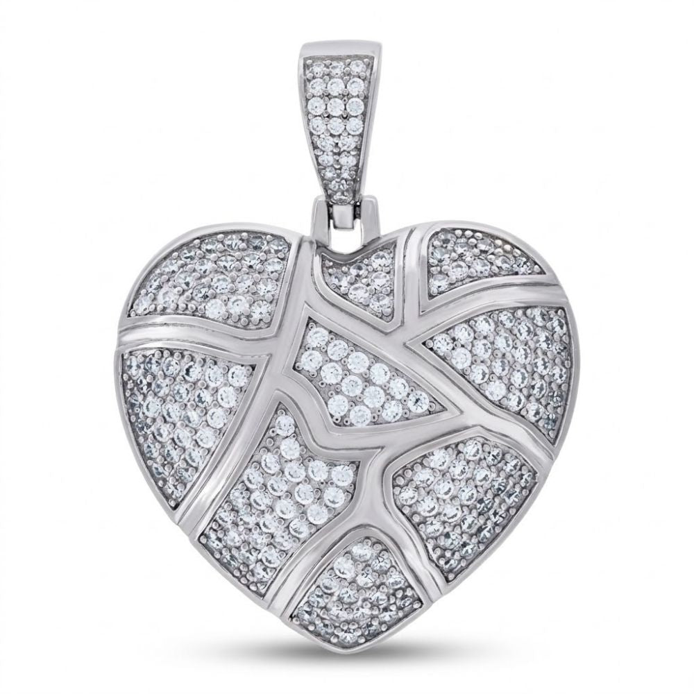 The 925 Sterling Silver Women's CZ Heart Charm Pendant features a geometric design with wavy silver lines and is accented with sparkling white gemstones—a stunning heart necklace for any occasion.