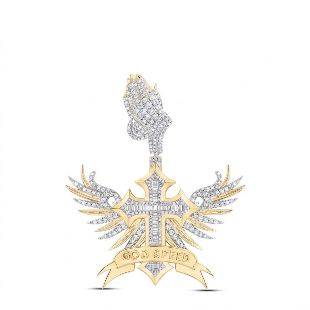 The Diamond Winged Cross Charm 1 7/8 CTTW Gold showcases angel wings, praying hands above, and a GOD SPEED banner below in 10K yellow gold with diamonds. This ornate men’s cross pendant sparkles beautifully.