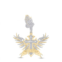 The Diamond Winged Cross Charm 1 7/8 CTTW Gold showcases angel wings, praying hands above, and a GOD SPEED banner below in 10K yellow gold with diamonds. This ornate men’s cross pendant sparkles beautifully.
