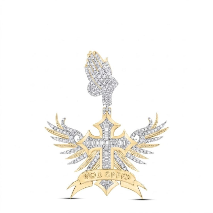 The Diamond Winged Cross Charm 1 7/8 CTTW Gold showcases angel wings, praying hands above, and a GOD SPEED banner below in 10K yellow gold with diamonds. This ornate men’s cross pendant sparkles beautifully.