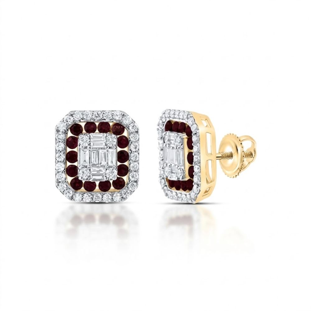 5/8CTW Natural Diamond Octagon Earrings in 14K gold, featuring a central diamond accented by red gemstones and bordered with smaller white diamonds for a striking, elegant look.
