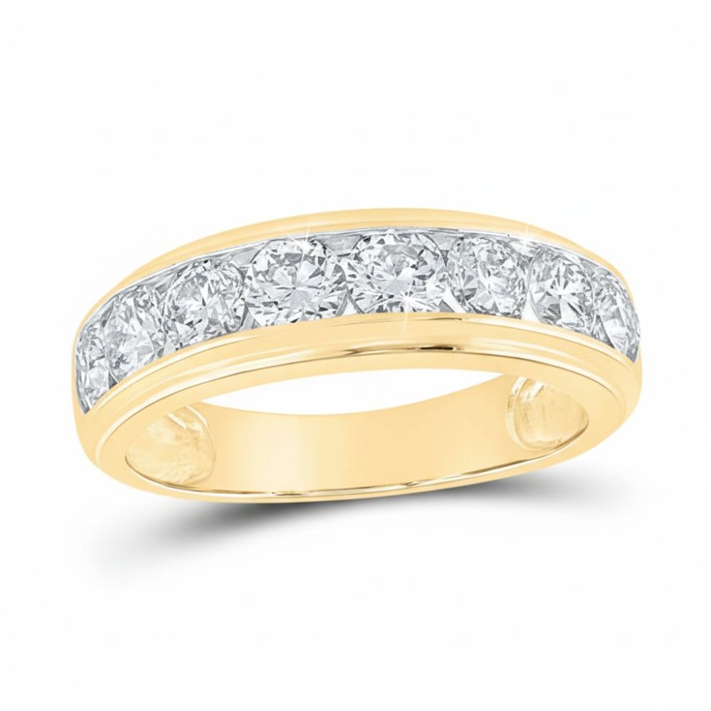 The 14k Yellow Gold Diamond Wedding Band – 2 Cttw showcases a row of channel-set round diamonds across the top, elegantly displayed on a white background.