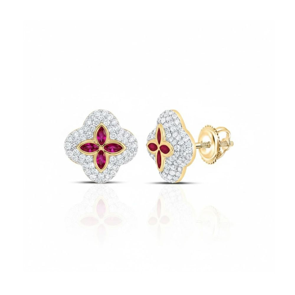 10k Gold Clover Ruby Diamond Earrings 5/8 Cttw with gold edges, white pavé diamonds, a red floral design, and marquise gems at the center. One earring displays the front while the other shows the gold back and post.