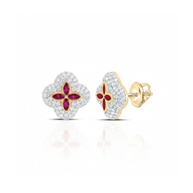 10k Gold Clover Ruby Diamond Earrings 5/8 Cttw close-up detail - GOLDZENN