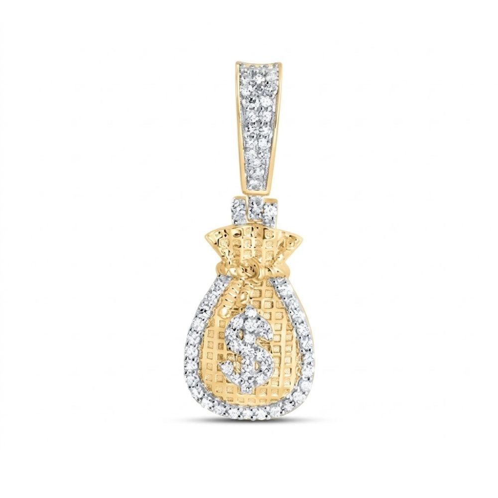 The Diamond Money Bag Charm 1/4 CTW 10K Gold is a men's pendant in yellow gold, featuring a dollar sign center highlighted by small diamonds and set against a white background for added brilliance.
