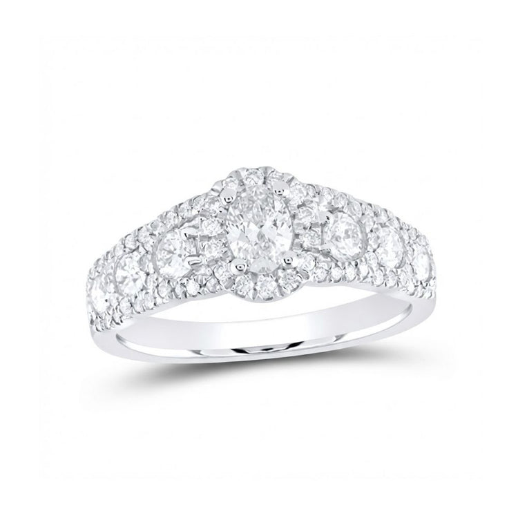 The 14k White Gold Oval Diamond Halo Engagement Ring features a sparkling center stone with a delicate round diamond halo on the band, beautifully displayed on a white background.