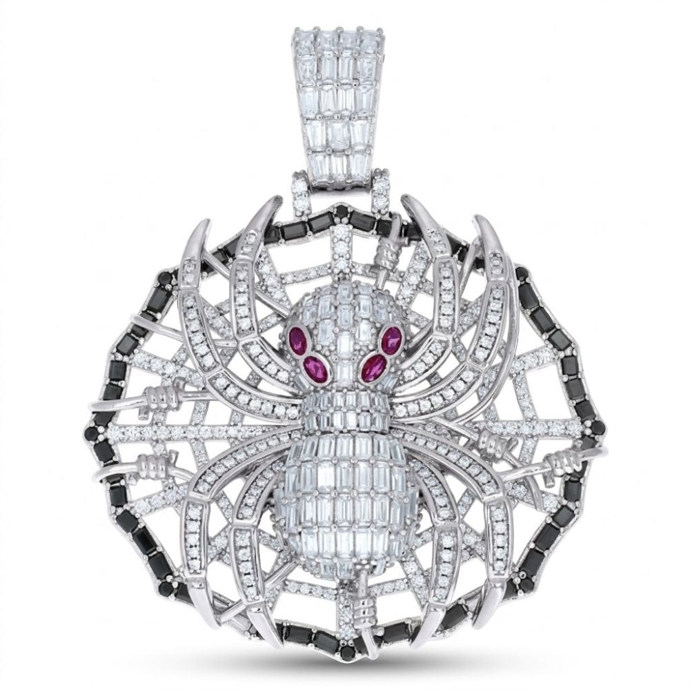 The 925 Sterling Silver Mens Moissanite Spider Pendant features a jeweled spider with clear moissanite and pink eyes, set on a web with alternating black and clear stones—unique wildlife-inspired insect jewelry.