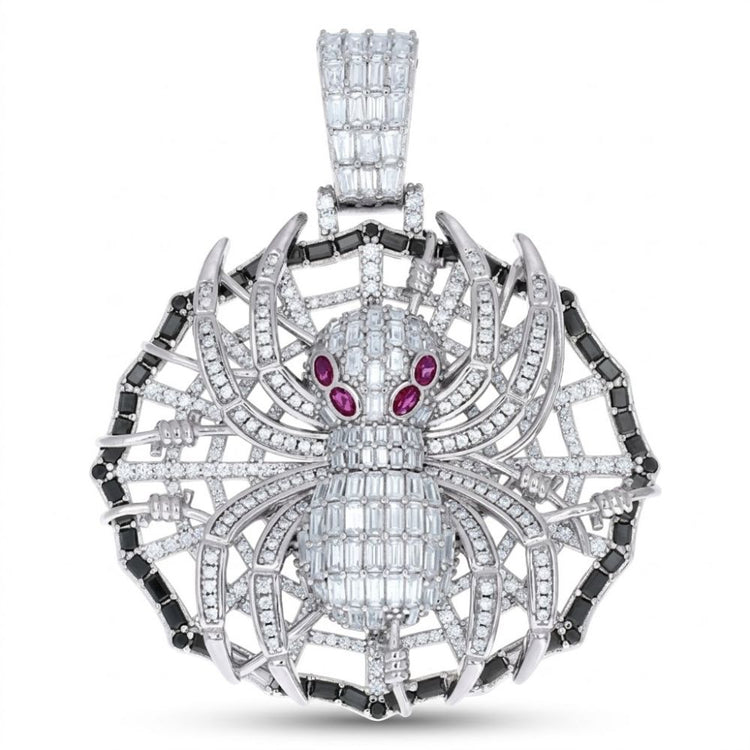 The 925 Sterling Silver Mens Moissanite Spider Pendant features a jeweled spider with clear moissanite and pink eyes, set on a web with alternating black and clear stones—unique wildlife-inspired insect jewelry.