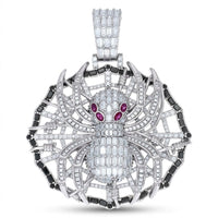 The 925 Sterling Silver Mens Moissanite Spider Pendant features a jeweled spider with clear moissanite and pink eyes, set on a web with alternating black and clear stones—unique wildlife-inspired insect jewelry.