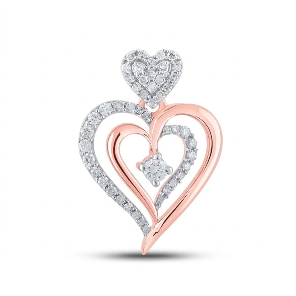The 10K Rose Gold Diamond Heart Pendant 1/3 Cttw features two interlocking hearts—one rose gold, one silver—with sparkling diamonds, a diamond-accented heart above, and a brilliant center diamond.