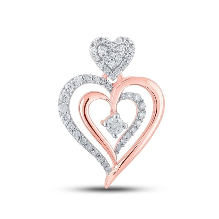 The 10K Rose Gold Diamond Heart Pendant 1/3 Cttw features two interlocking hearts—one rose gold, one silver—with sparkling diamonds, a diamond-accented heart above, and a brilliant center diamond.