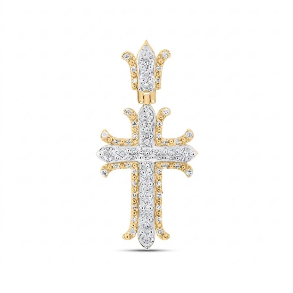 The 1/5 CTW Diamond Cross Pendant in Sterling Silver features natural diamonds and intricate fleur-de-lis tips, displayed against a white background.