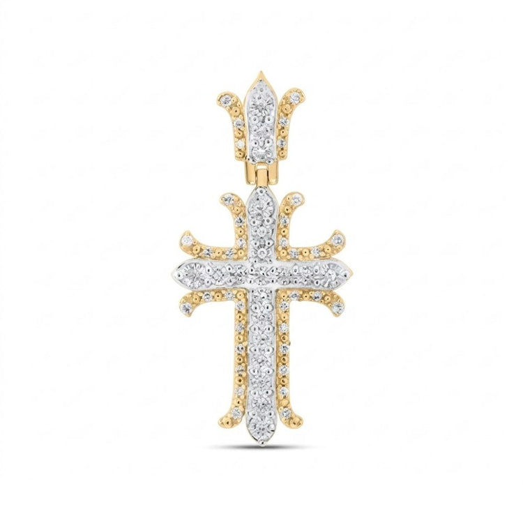 The 1/5 CTW Diamond Cross Pendant in Sterling Silver features natural diamonds and intricate fleur-de-lis tips, displayed against a white background.