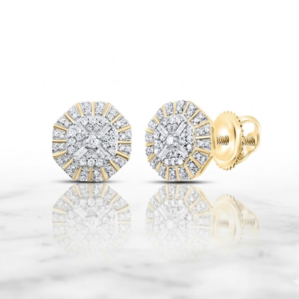 The 10K Gold Diamond Hexagon Stud Earrings 3/8 CTW showcase multi-layered geometric hexagon designs with sparkling white diamonds, elegantly displayed on a white marble surface.