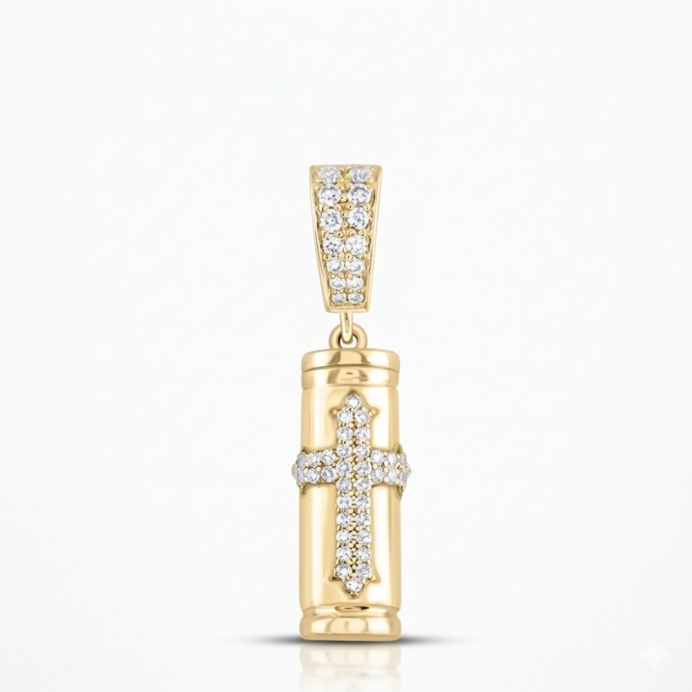 The Diamond Urn Charm 3/8CT 10K Gold Pendant features a cylindrical, yellow gold design with a diamond-studded cross, serving as a men's memorial jewelry urn against a plain white background.