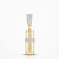 The Diamond Urn Charm 3/8CT 10K Gold Pendant features a cylindrical, yellow gold design with a diamond-studded cross, serving as a men's memorial jewelry urn against a plain white background.