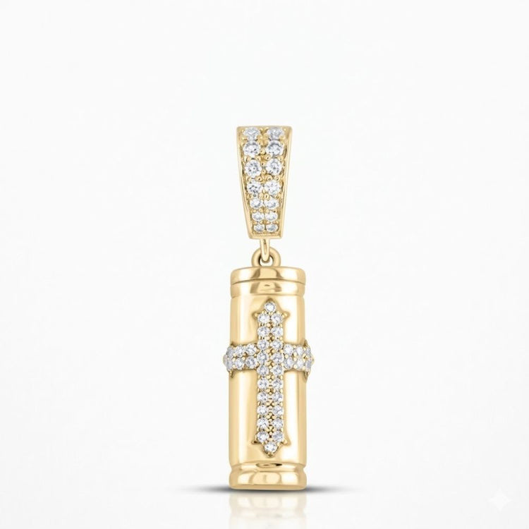The Diamond Urn Charm 3/8CT 10K Gold Pendant features a cylindrical, yellow gold design with a diamond-studded cross, serving as a men's memorial jewelry urn against a plain white background.