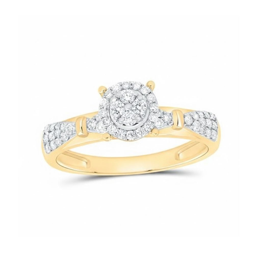 The 1/3CTW Diamond Round Single Halo Engagement Ring in 10k gold features a central cluster of natural diamonds, encircled by a diamond halo and accented with additional diamonds along the band.