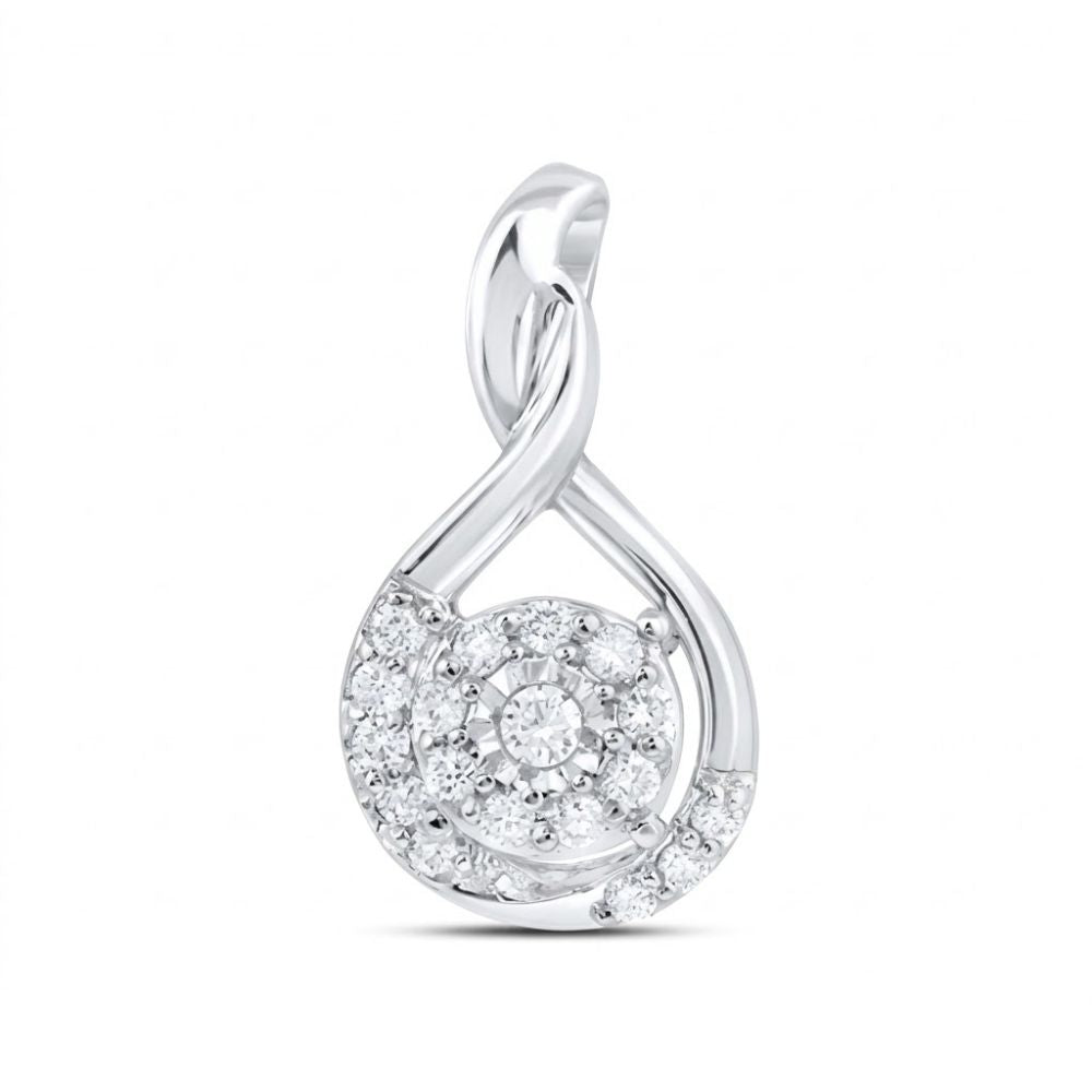 The 10K White Gold Diamond Cluster Pendant 1/10 Cttw features a twisted loop design with a central round diamond surrounded by sparkling diamonds, set against a white background.