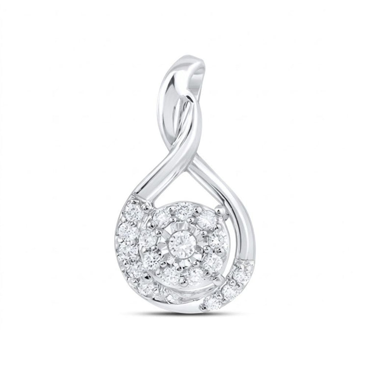 The 10K White Gold Diamond Cluster Pendant 1/10 Cttw features a twisted loop design with a central round diamond surrounded by sparkling diamonds, set against a white background.