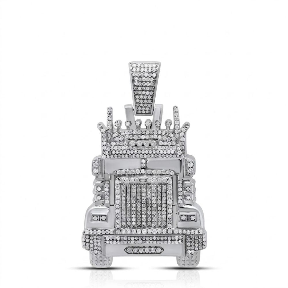The 1-1/3CTW Diamond Truck Charm in sterling silver is a men’s pendant shaped like a semi-truck, featuring intricate details and natural diamonds—a unique standout accessory.