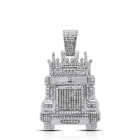 The 1-1/3CTW Diamond Truck Charm in sterling silver is a men’s pendant shaped like a semi-truck, featuring intricate details and natural diamonds—a unique standout accessory.