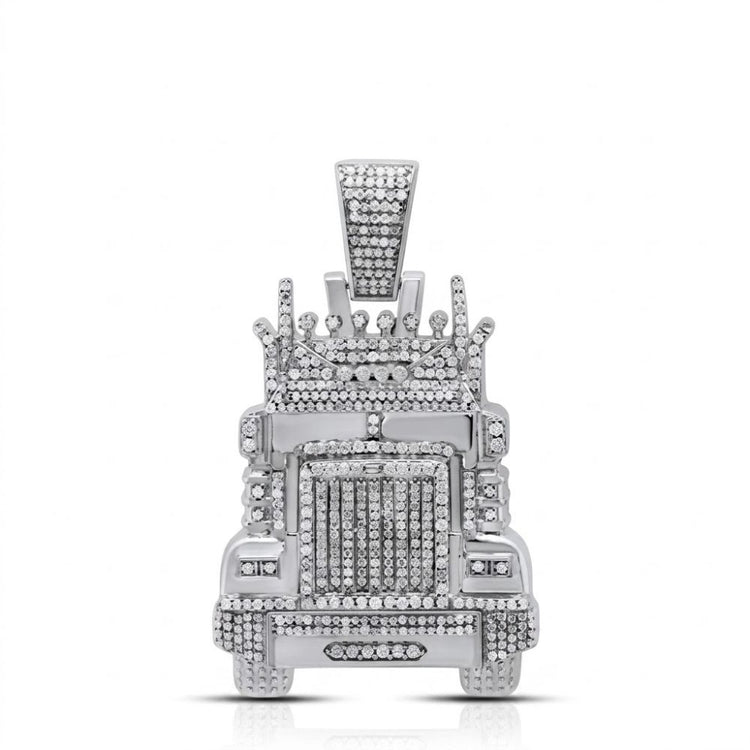The 1-1/3CTW Diamond Truck Charm in sterling silver is a men’s pendant shaped like a semi-truck, featuring intricate details and natural diamonds—a unique standout accessory.