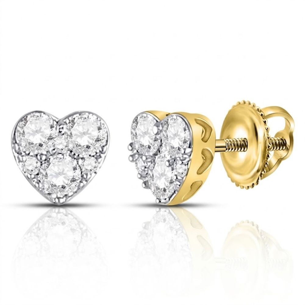 The 10K Yellow Gold Round Diamond Heart Earrings feature clusters of round white diamonds set in heart shapes with secure screw-back closures, displaying brilliant sparkle from every angle.