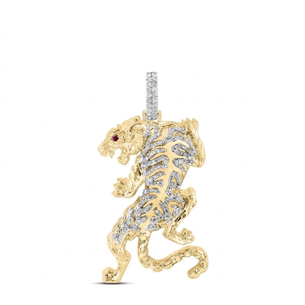 The Diamond Tiger Charm 1CTW 10K Yellow Gold features a detailed roaring tiger with diamond accents, a diamond-covered bail, and a red gemstone eye—a stunning natural diamond piece shown against a white background.