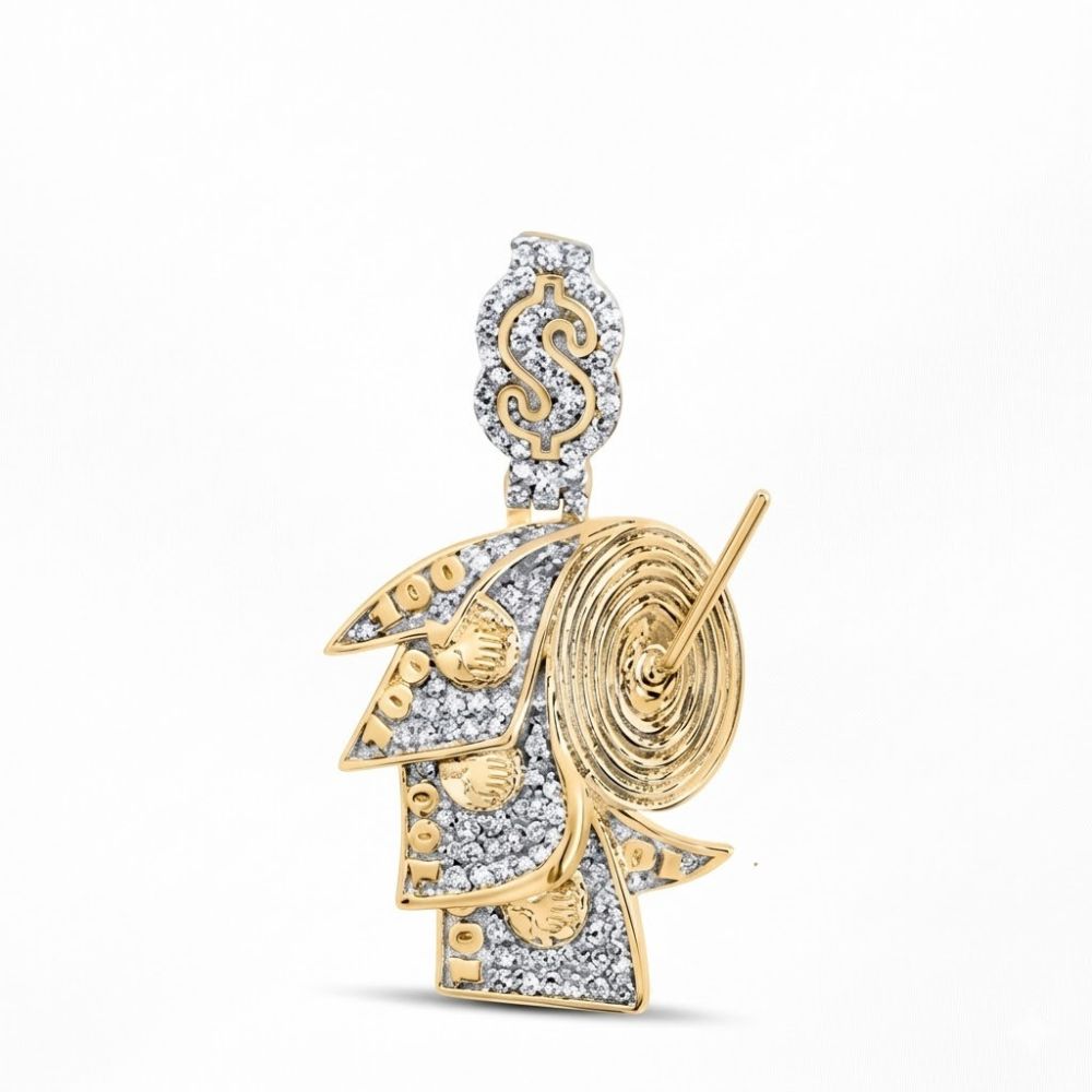 The 10K Gold Diamond Money Roll Charm 1/4CTW features a diamond-studded dollar sign and swirling records with gold bills—an eye-catching men's pendant crafted in yellow gold, offering brilliant charm.
