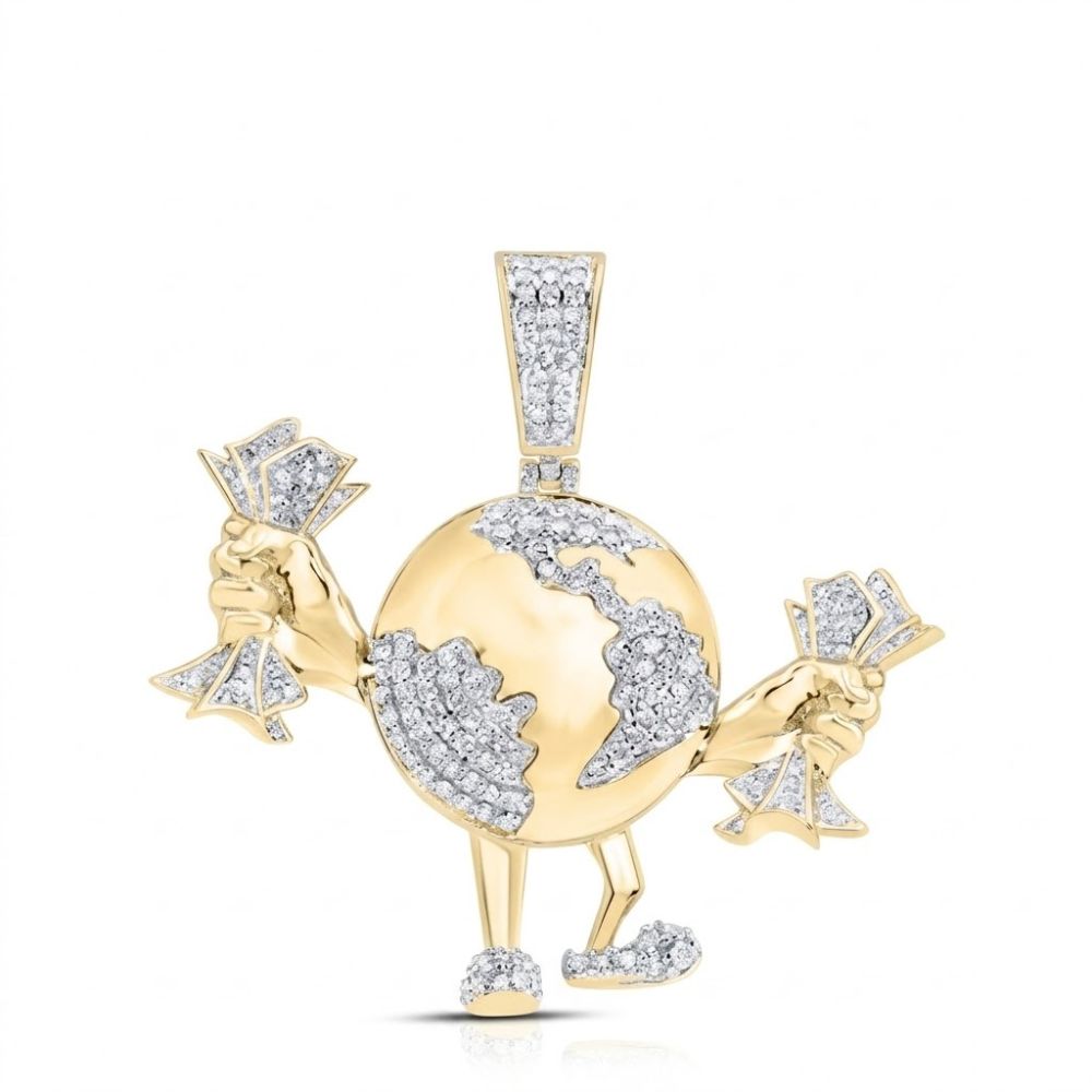 The 1CTW Diamond Men’s Globe Charm in 10k gold features a globe money pendant with arms, legs, and cash bundles. Natural diamonds highlight the continents and a textured finish adds sparkle to this unique men’s accessory.