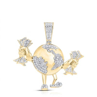 The 1CTW Diamond Men’s Globe Charm in 10k gold features a globe money pendant with arms, legs, and cash bundles. Natural diamonds highlight the continents and a textured finish adds sparkle to this unique men’s accessory.