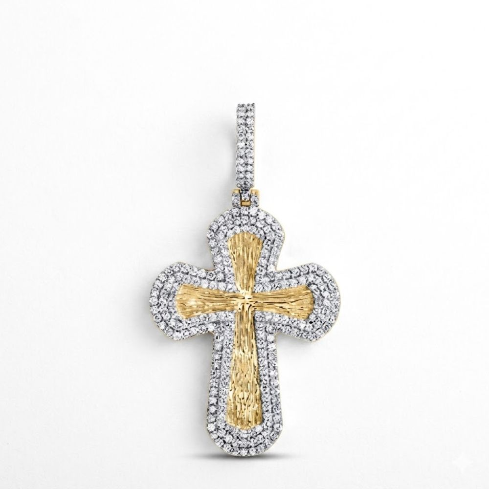 The 7/8CTW Natural Diamond Cross Mens Charm in 10K gold features textured detailing and a sparkling diamond border, shown against a white background for an elegant, timeless style.