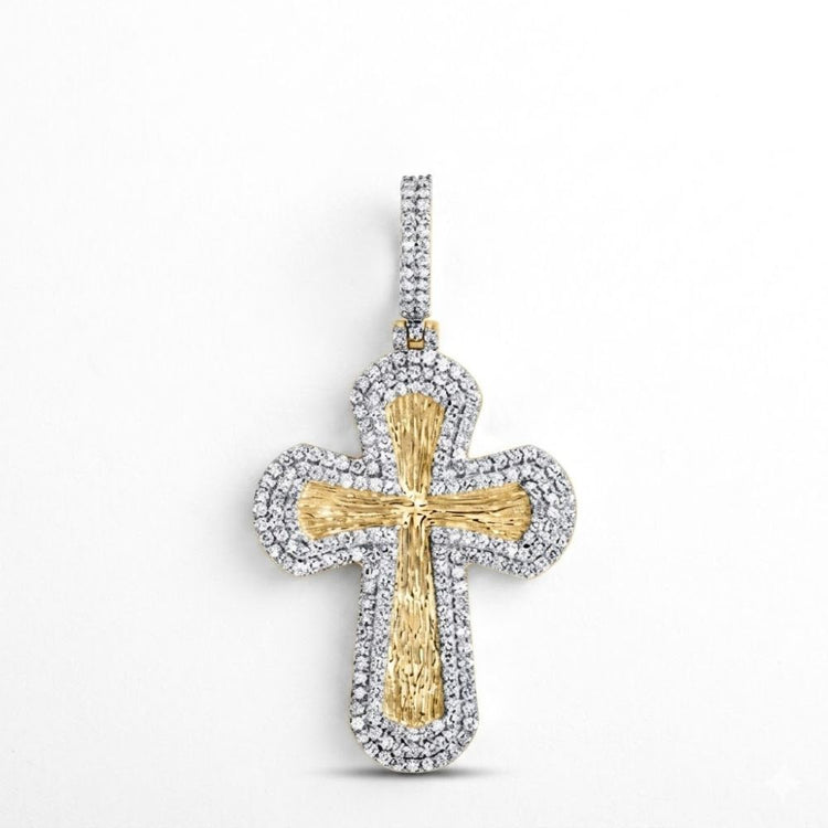 The 7/8CTW Natural Diamond Cross Mens Charm in 10K gold features textured detailing and a sparkling diamond border, shown against a white background for an elegant, timeless style.