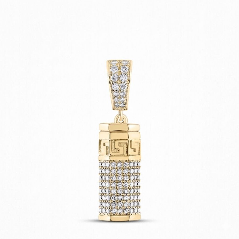 The 1CTW Diamond Urn Pendant in 10K yellow gold features a cylindrical design with sparkling diamonds, a Greek key pattern near the top, and an embellished diamond bail, creating an elegant, detailed piece of memorial jewelry.