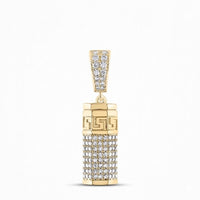 The 1CTW Diamond Urn Pendant in 10K yellow gold features a cylindrical design with sparkling diamonds, a Greek key pattern near the top, and an embellished diamond bail, creating an elegant, detailed piece of memorial jewelry.