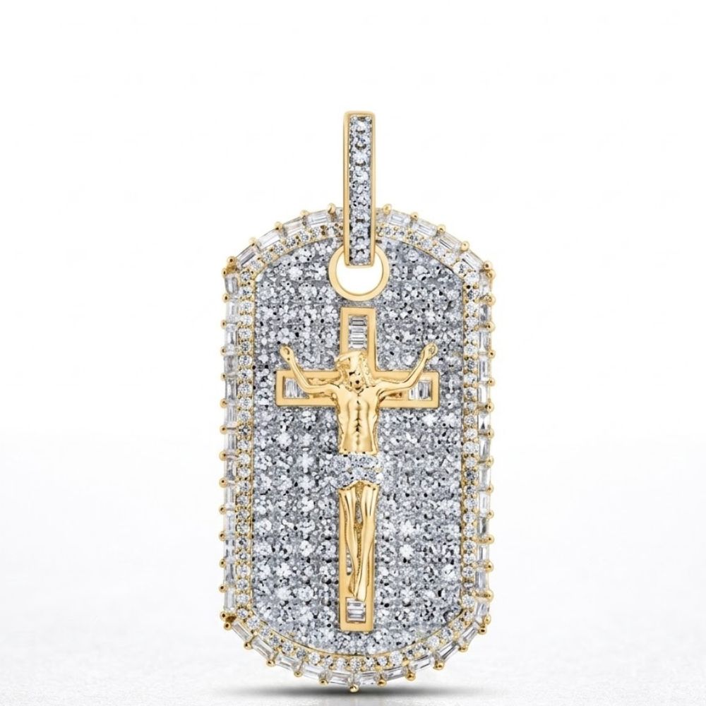 The 2CTW Natural Diamond Dog Tag 10K Yellow Gold Charm features a gold crucifix center with diamonds on a white background—ideal for men’s hip hop jewelry fans.