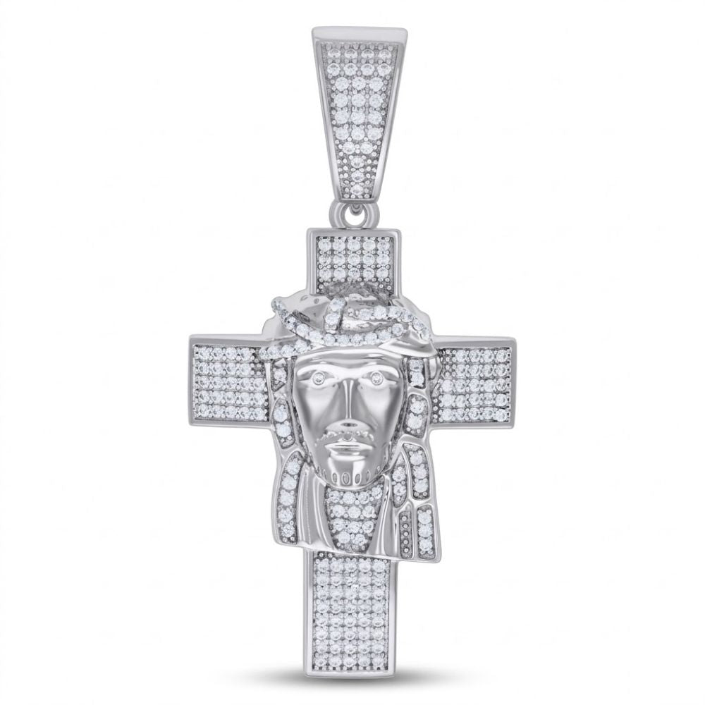 The Sterling Silver Moissanite Jesus Cross Pendant features 925 silver and sparkling stones, showcasing a detailed Jesus face with a crown of thorns—a bold religious charm for men.