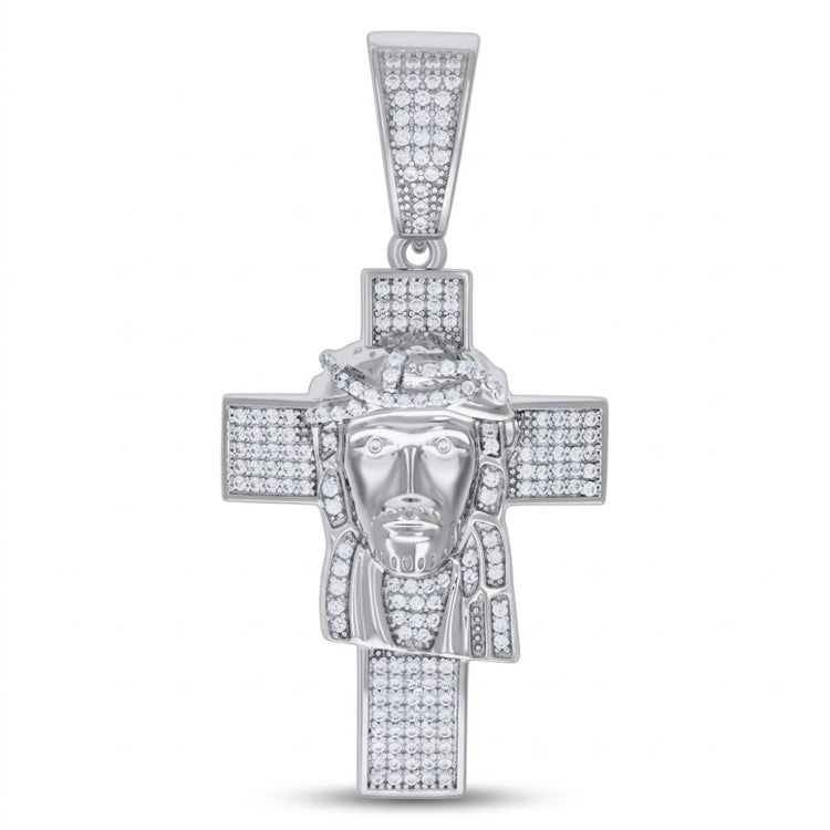The Sterling Silver Moissanite Jesus Cross Pendant features 925 silver and sparkling stones, showcasing a detailed Jesus face with a crown of thorns—a bold religious charm for men.